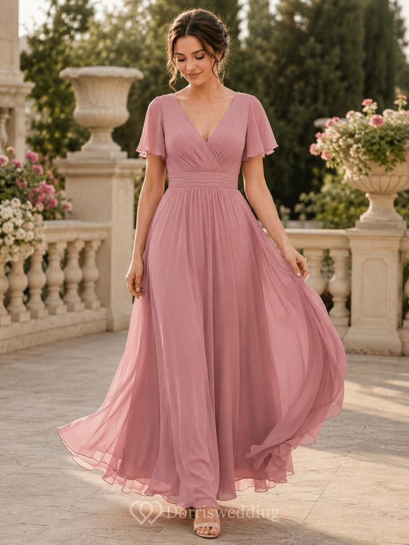 Taupefarbenes, elegantes Satin-Etui-Abendkleid mit V-Ausschnitt und bodenlanger Silhouette