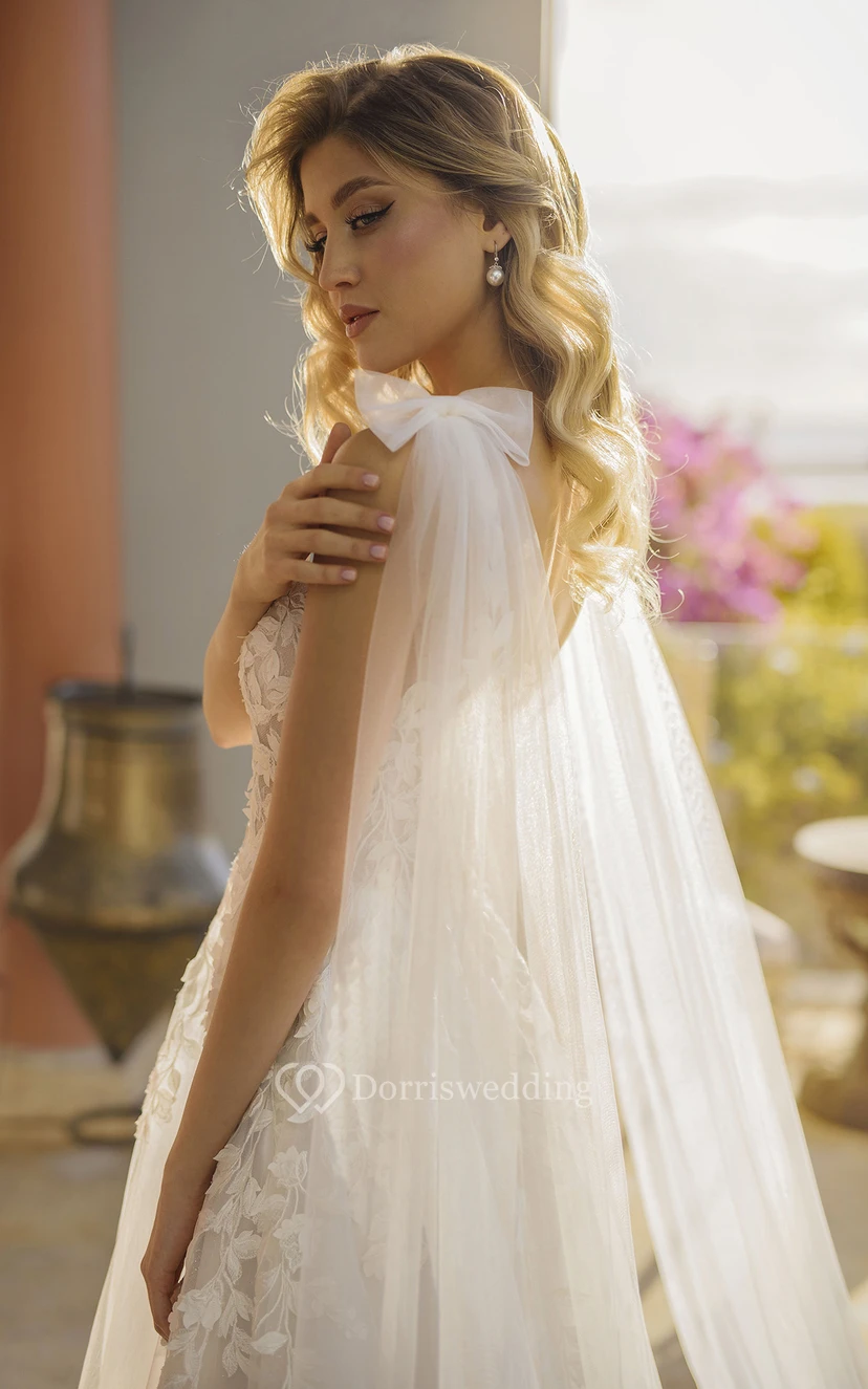 Ball Gown V-neck Sleeveless Court Train Organza Wedding Dress with Appliques and Draping view 3