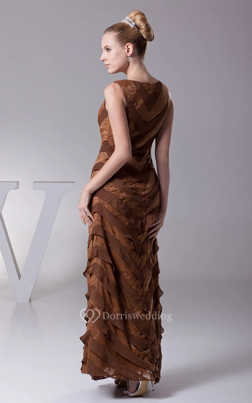 Bateau Sleeveless Tiered Chiffon Sheath Gown With Lace Embroidery view 2