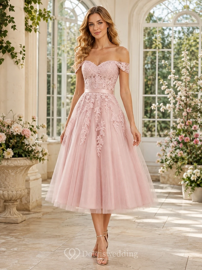 Pink Tulle Lace Off-Shoulder Floral A-Line Tea-Length Romantic Formal Dress