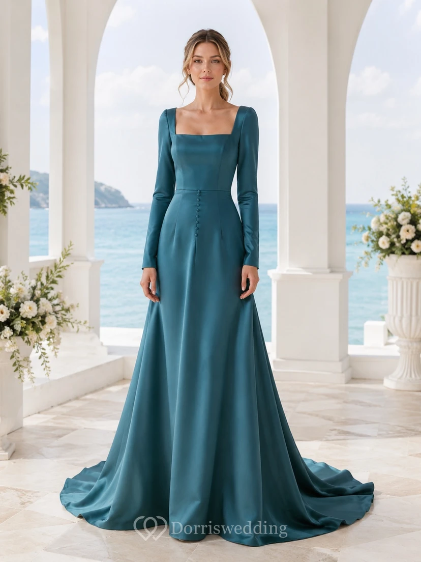 Langärmeliges, stahlblaues Brautkleid aus Satin mit eckigem Ausschnitt, A-Linie und Kapellenschleppe, aus Satin, mit stahlblauen Ärmeln und Kapellenschleppe