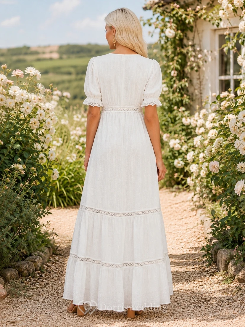 White Chiffon V-neck Short Sleeve Tiered A-line Maxi Dress view 2