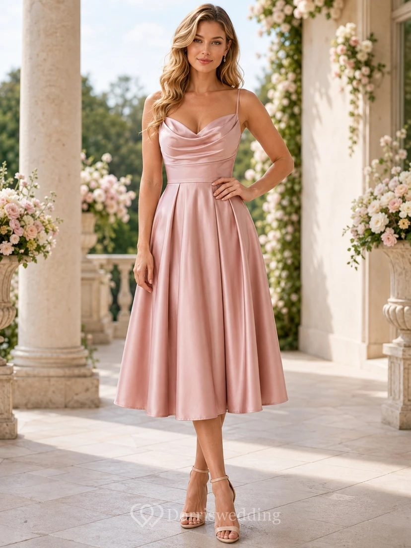 Blush Satin Cowl Neck Spaghetti A-Line Tea-Length Romantic Wedding Guest Dress