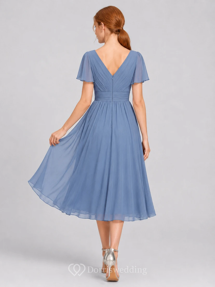 Vestido de cóctel de gasa azul acero con escote en V y cremallera en la espalda view 2