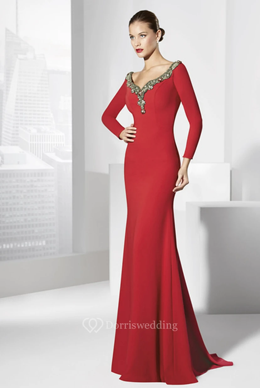 Sheath Long-Sleeve Floor-Length V-Neck Jersey Prom Dress