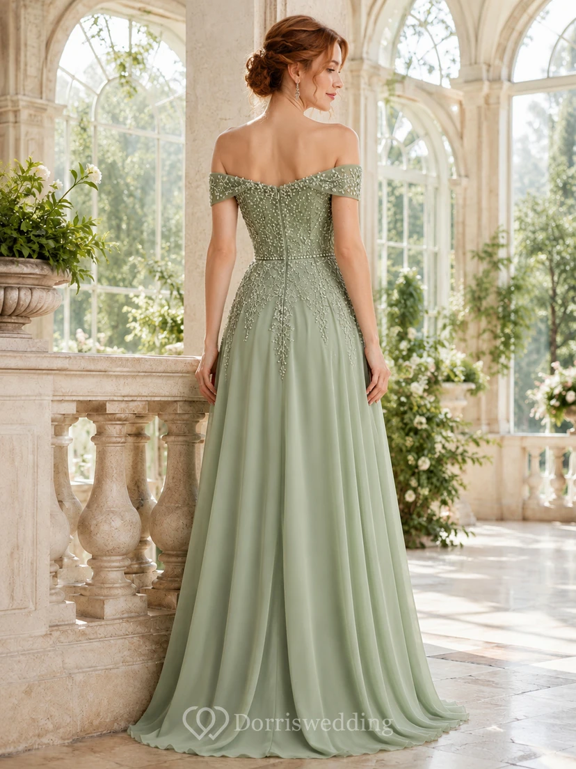 Sage Off Shoulder Pearl Chiffon Formal Dress view 2