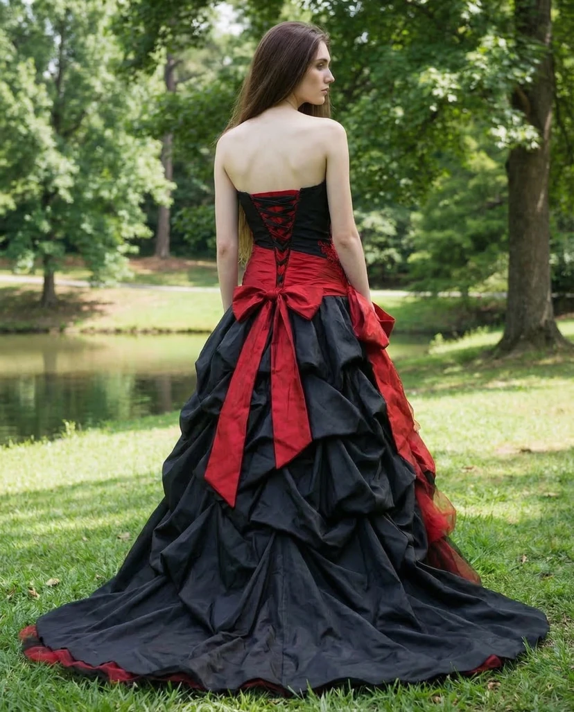 Robe de mariée gothique en taffetas noir et rouge view 2