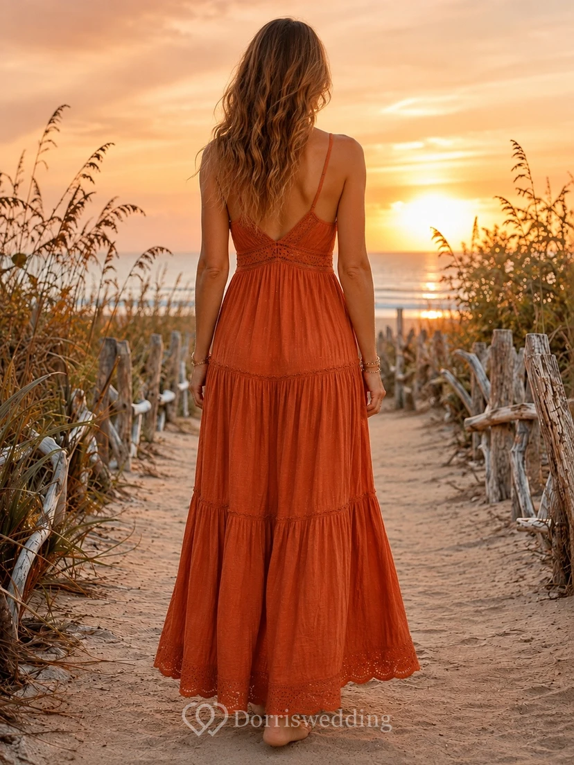 Boho Beach V Neck Tiered Split Front Spaghetti Floor Length Dress view 2