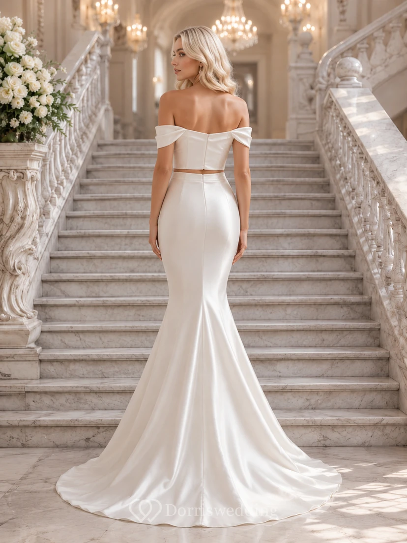 Off Shoulder Draped Satin Mermaid Ballroom Staircase Bridal Set view 2