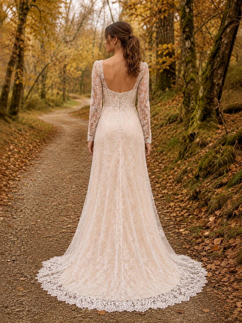Vestido de encaje de manga larga con escote redondo para fuga romántica en el bosque, ideal para otoño. view 2
