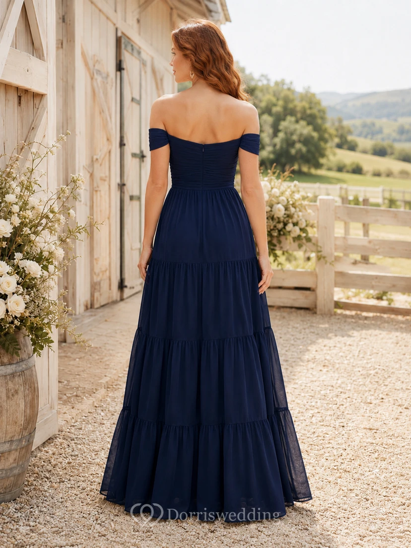 Country Dark Navy Off-Shoulder Chiffon A-Line Floor-Length Tiered Dress view 2