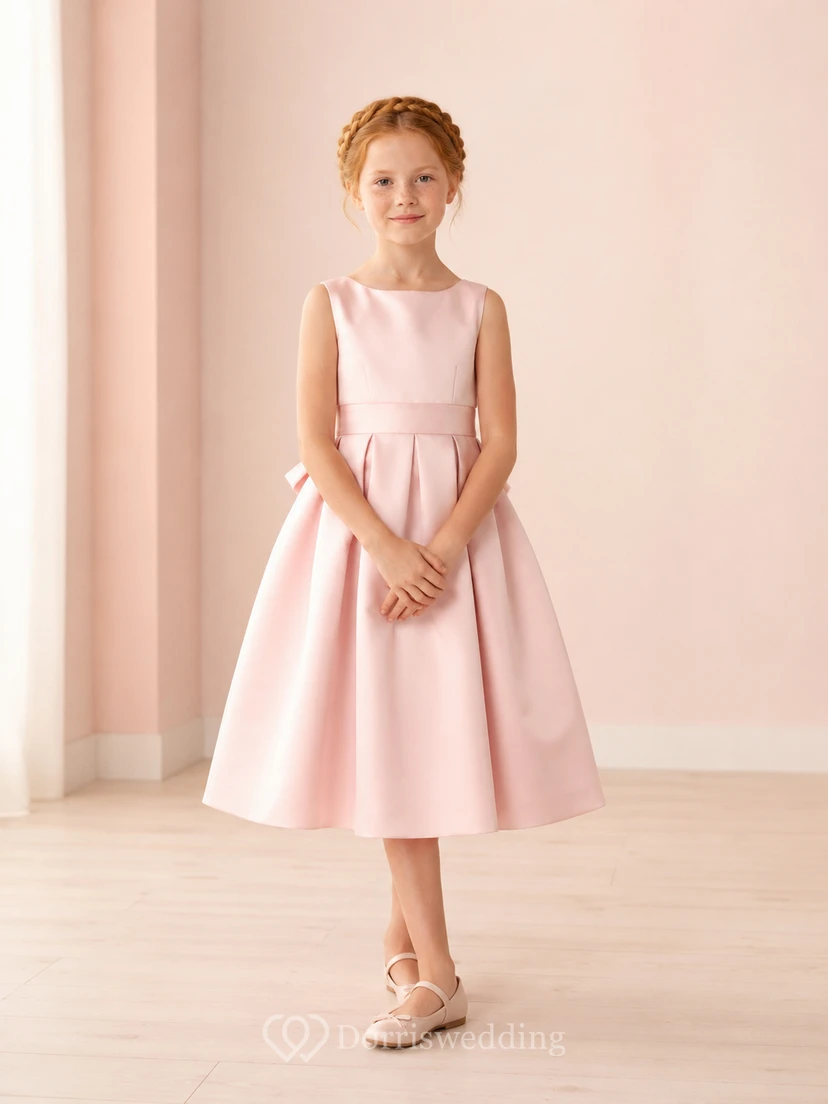 Robe de demoiselle d'honneur sans manches en satin rose poudré, coupe trapèze, encolure bijou et jupe mi-longue ornée d'un nœud.