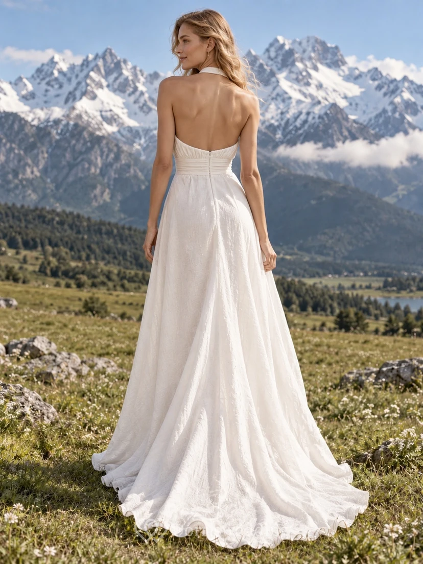 Vestido de novia sencillo de corte A con cuello alto, escote halter y cintura fruncida view 2