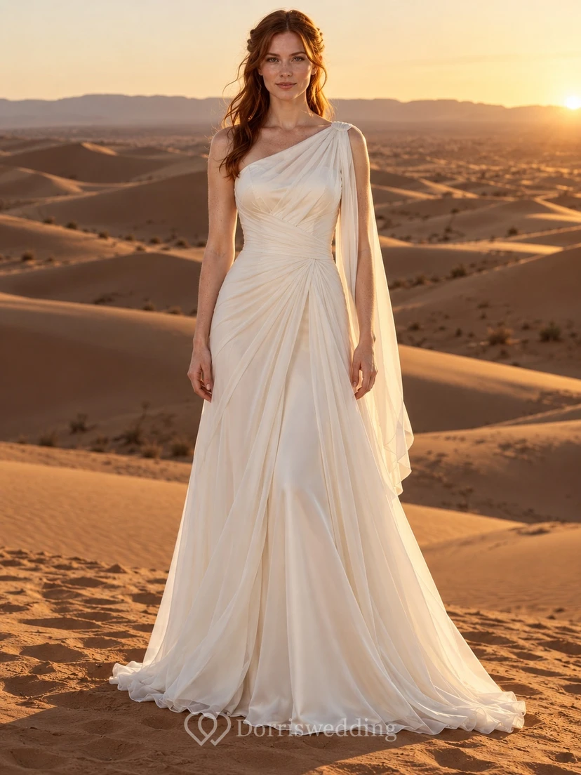 Vestido de novia sencillo de un solo hombro con corpiño drapeado de gasa, capa en el hombro y cola larga.