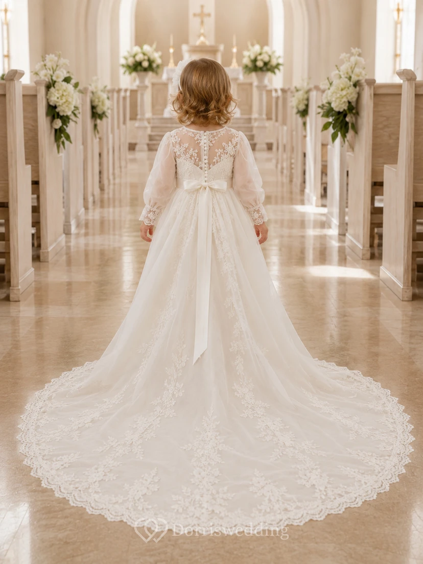 Vestido de lujo modesto para ceremonia de bautizo de bebé, corte A, largo hasta el suelo, cola catedral, cuello joya, manga larga, tul, encaje, lazo en la espalda, botones en la espalda. view 2