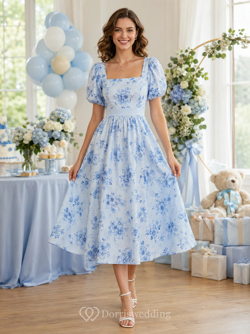 Blue Floral Square Neck Puff Sleeve A Line Midi Dress