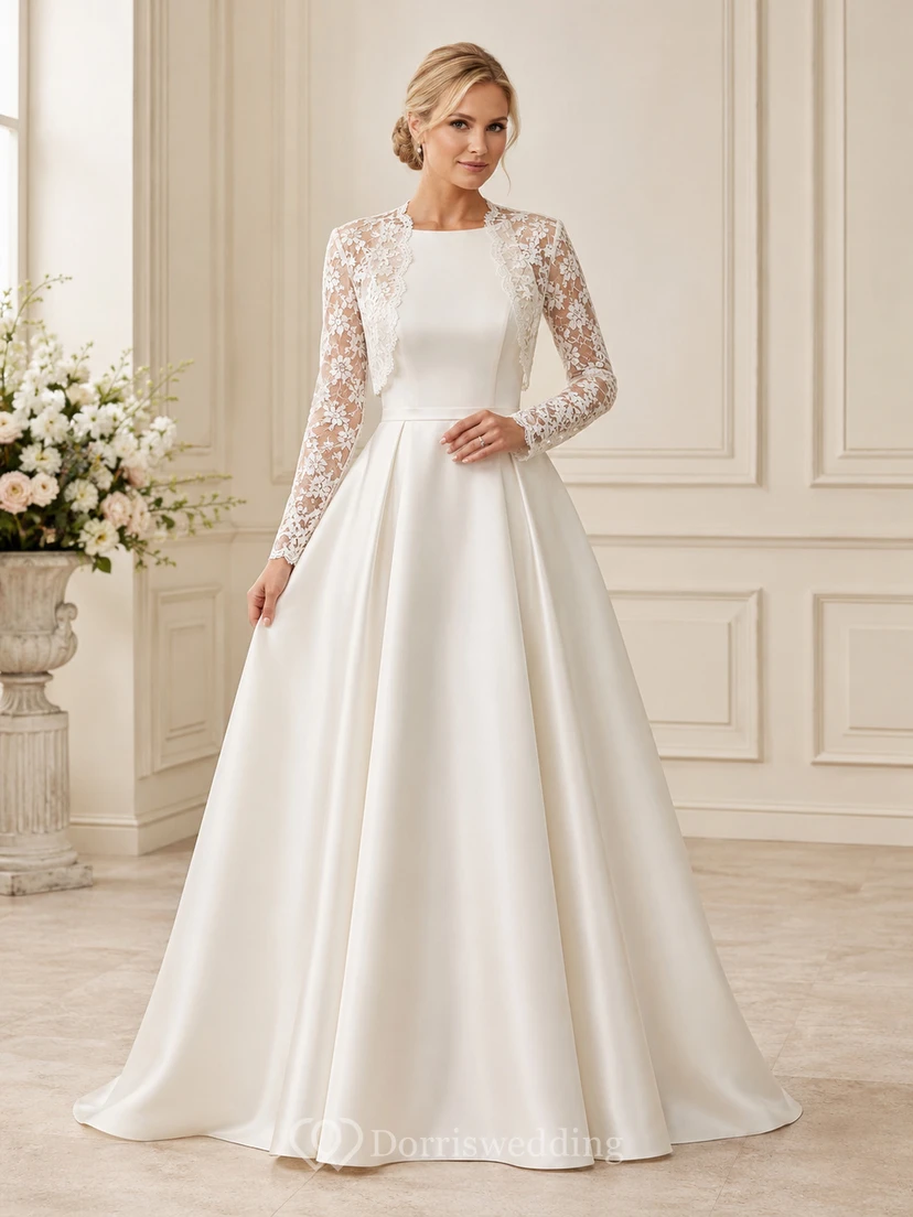 Vestido de novia modesto de satén y encaje, corte en A, cuello joya, manga larga, cola larga.