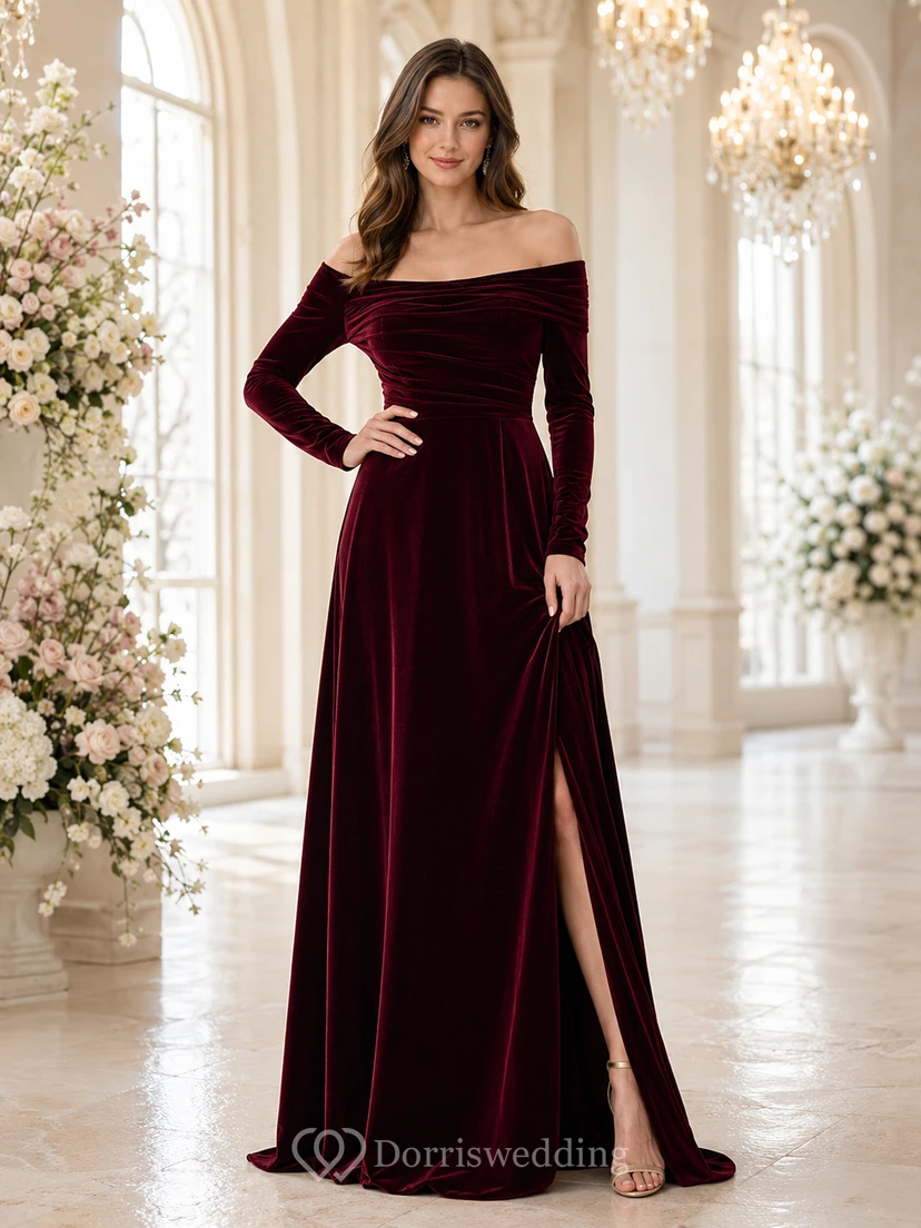 Burgundy Velvet Long Sleeve Winter Wedding Gown