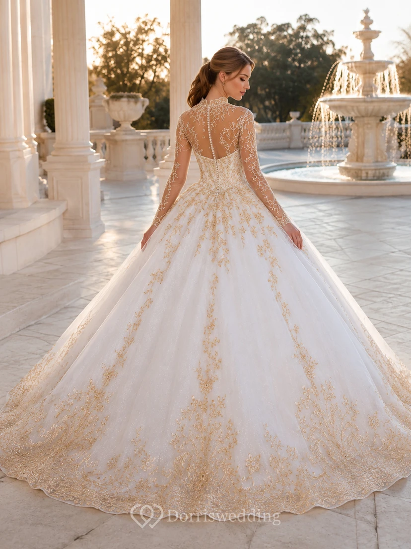 Vestido de fiesta formal de princesa para quinceañera, estilo barco, con mangas largas y modestas, color oro blanco y corte ilusión. view 2