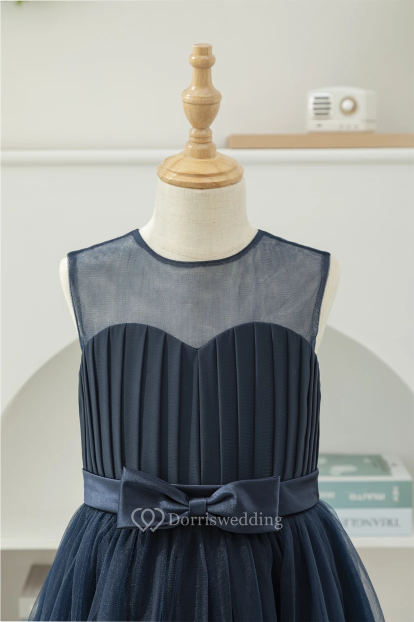 Dark Navy Chiffon Pleated Sleeveless Casual Flowergirl Dress view 3