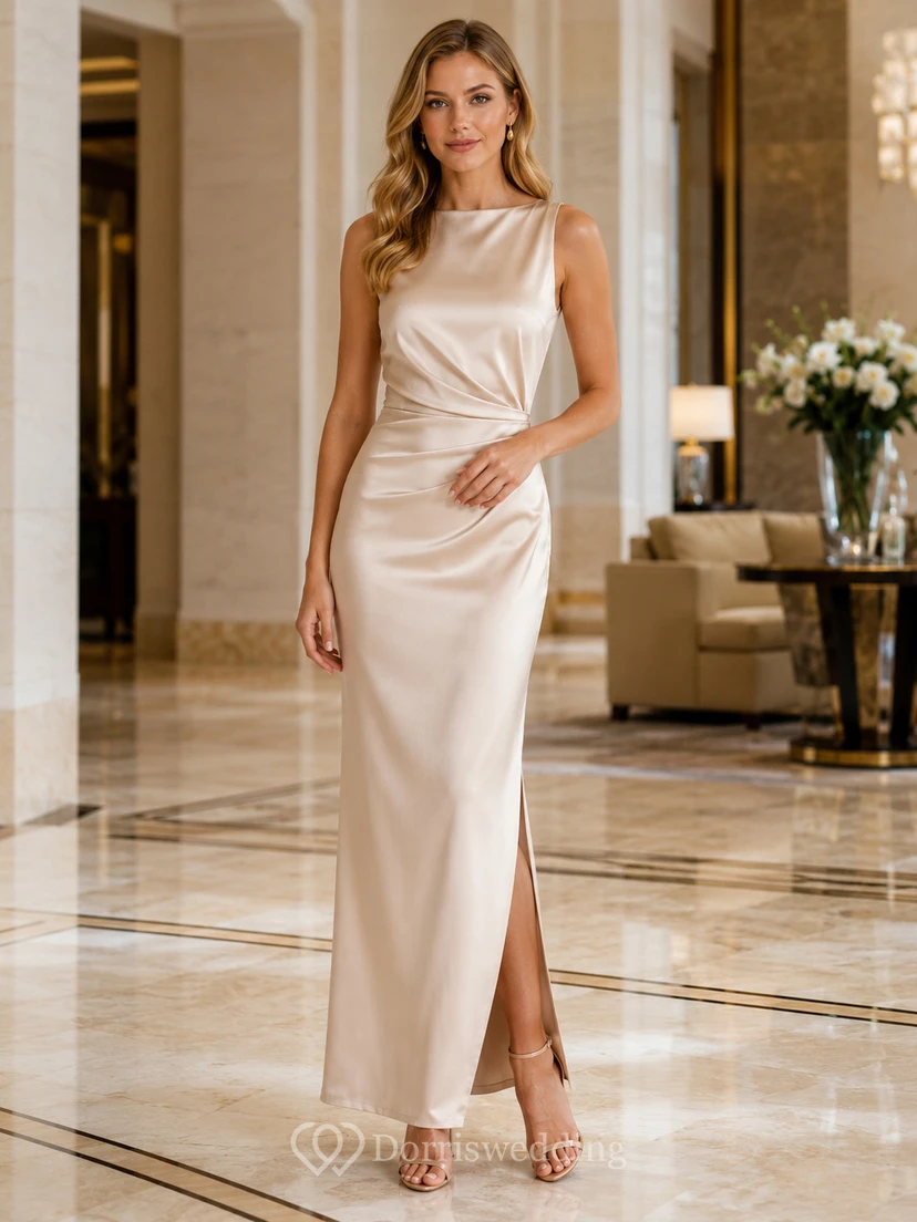 Light Neutral Keyhole Back Satin Slit Gown