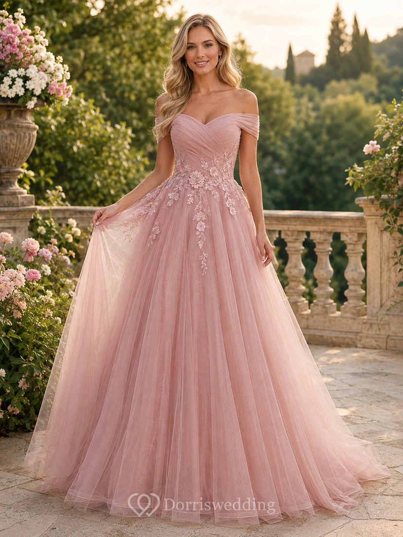 Blushing Pink Off-Shoulder Sweetheart Appliqued Tulle Romantic Ball Prom Gown