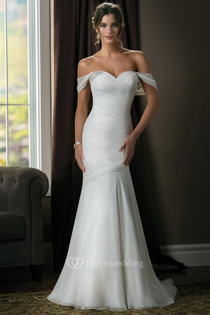 Off-The-Shoulder Trumpet Mermaid Wedding Dress With Ruches And Crystals