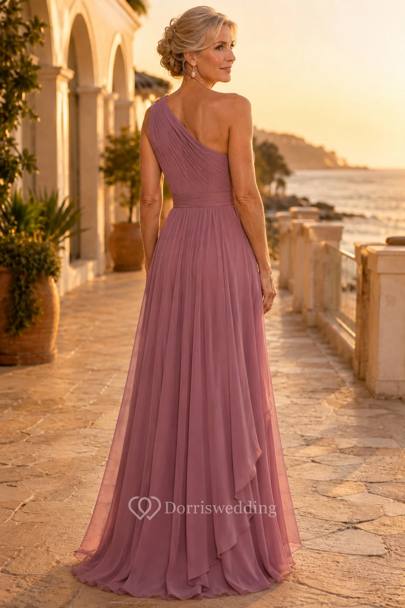 Altrosa Chiffon-Kleid mit einem Träger und A-Linien-Schnitt, das zum Muttertag passt view 2