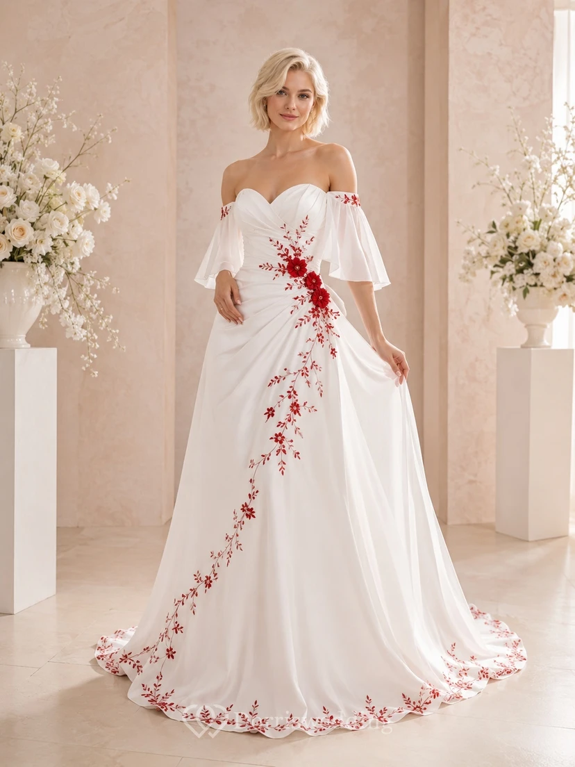 Romantisches Brautkleid in A-Linie aus rotem Chiffon mit Blumenmuster, schulterfreiem Schnitt, flatternden Ärmeln und Blumenmuster