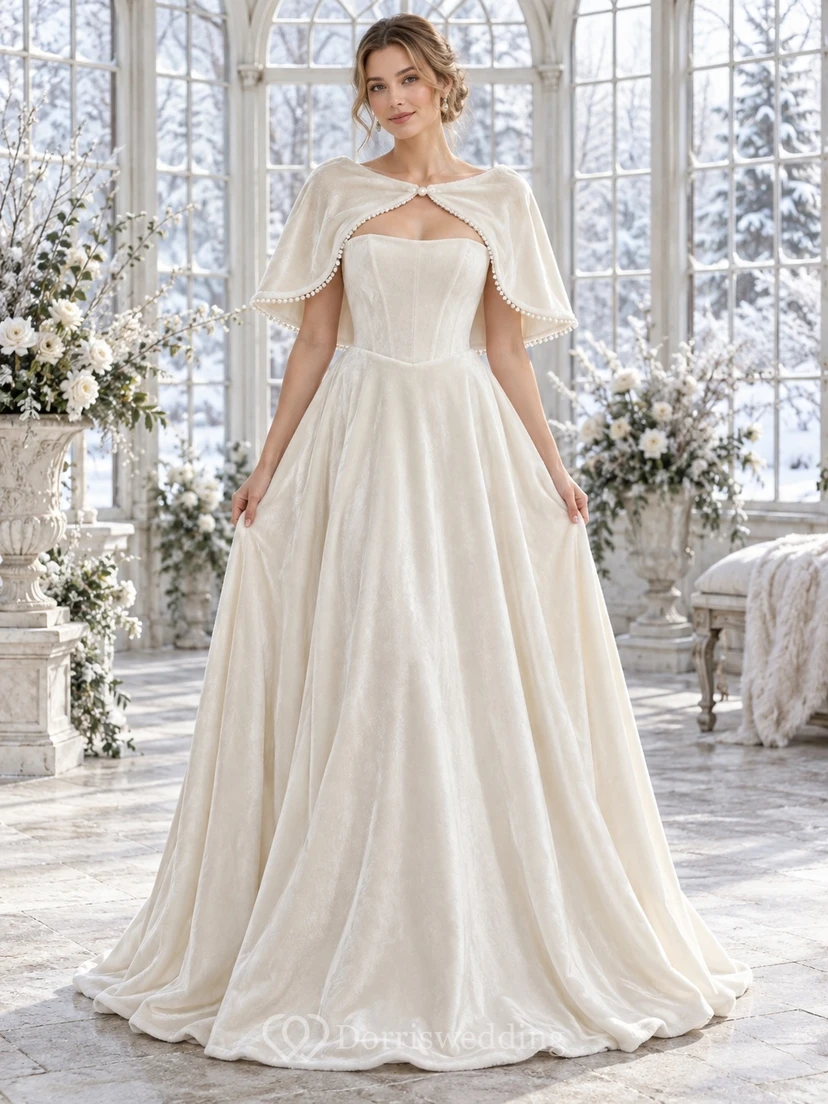 Vestido corto de terciopelo con escote corazón y corte en A, ideal para bodas de invierno.