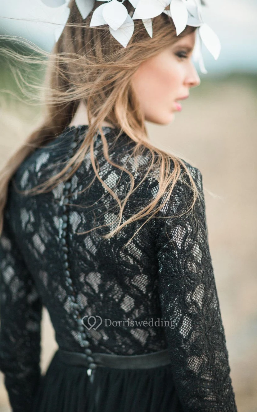 A-Linien-Kleid aus Chiffon und Spitze mit langen Ärmeln und Stufenrock view 2