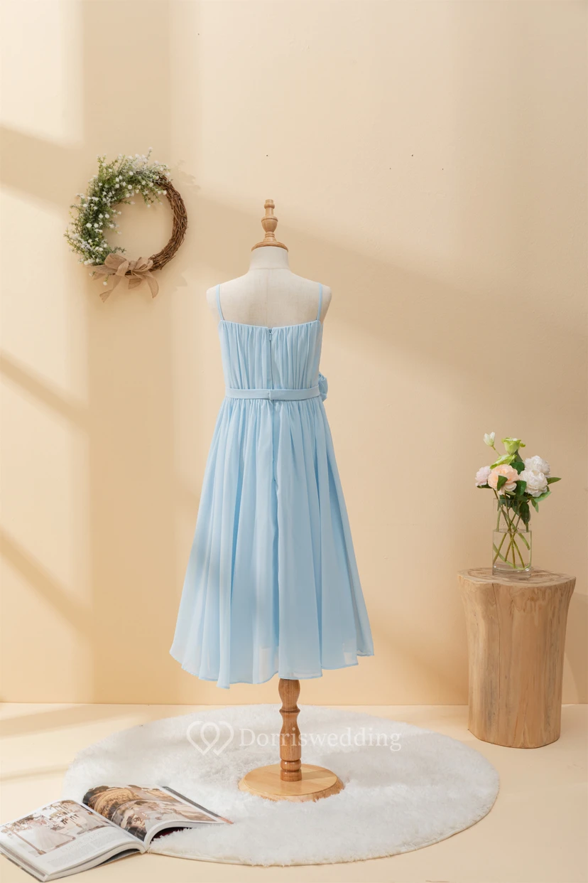 Chiffon Ruffled Short Pleated Sky Blue Flowergirl Dress with Petals view 4