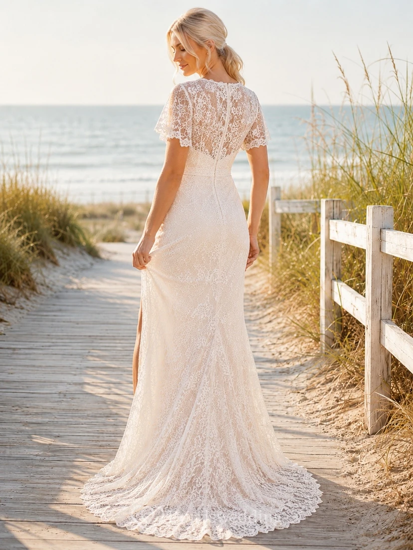 Bridal Lace V-neck Short Sleeve A-Line Sweep Train Formal Gown view 2