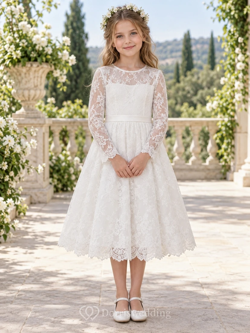 Tea-length Long Sleeve White Floral Jewel Illusion A-Line Lace Scalloped Cuff Hem Sash Flowergirl Dress