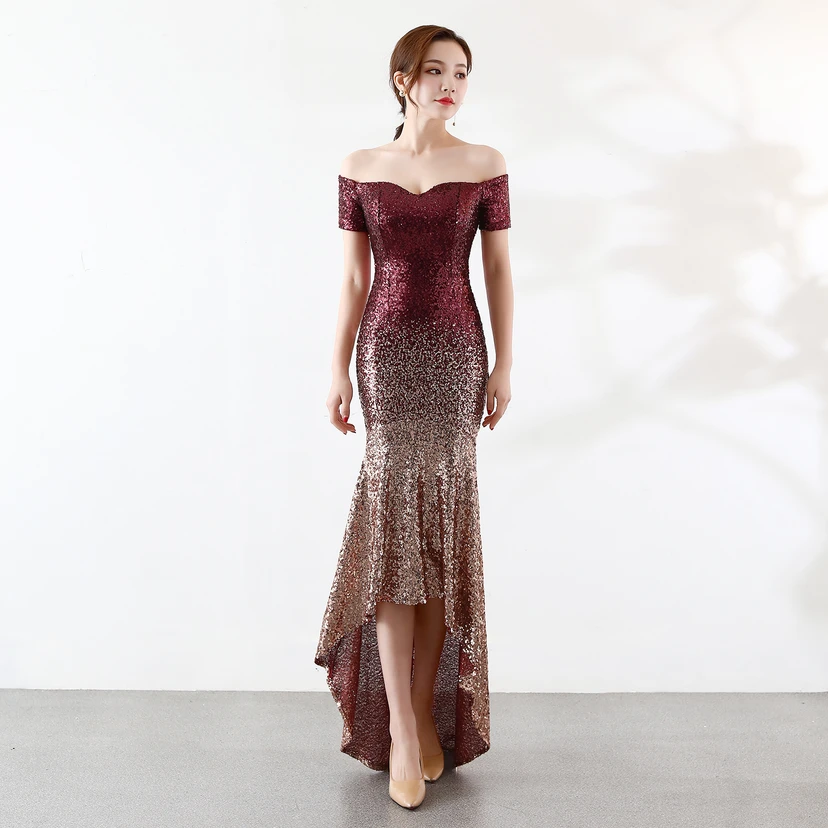 Robe asymétrique à manches courtes, style européen et américain, sequins dégradés, robe de soirée de mariage ou de banquet. view 6