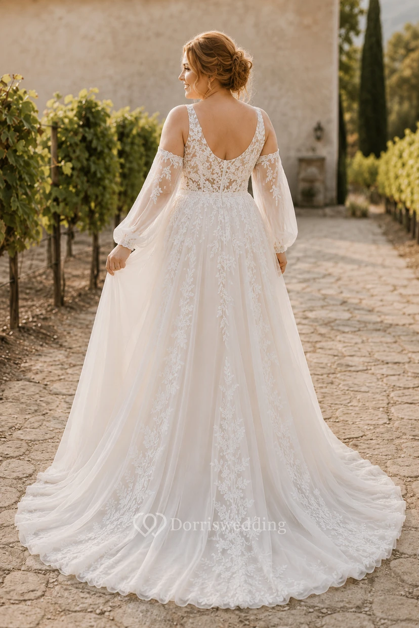 Plus Size Ivory V-Neck Long Sleeve Lace A-Line Wedding Dress with Low Back view 2