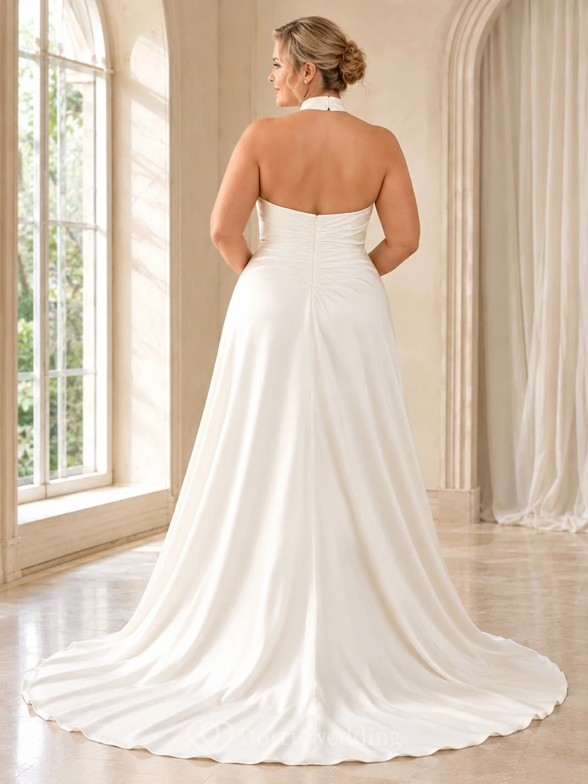 Vestido de novia formal sencillo con escote halter y corte en A, talla grande. view 2