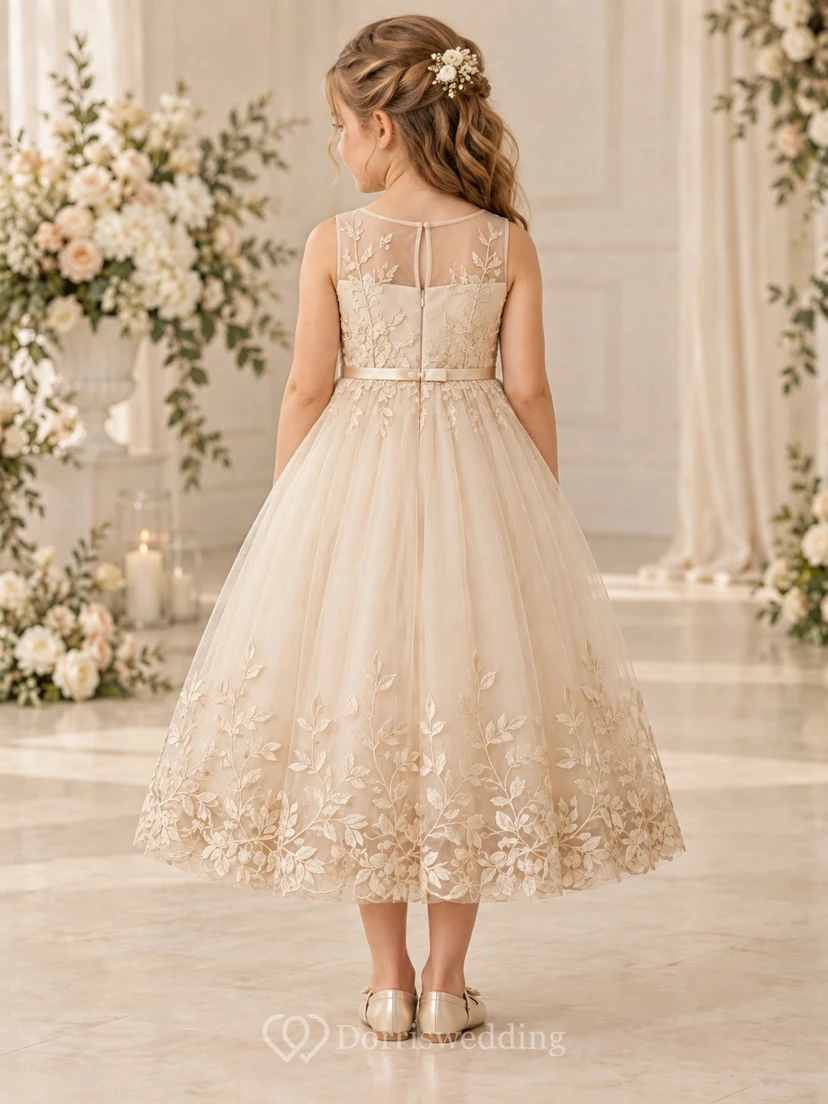 Teelanges champagnerfarbenes, blumengemustertes A-Linien-Kleid aus Tüll mit ärmellosem Illusion-Ausschnitt und Bordüre für Blumenmädchen view 2