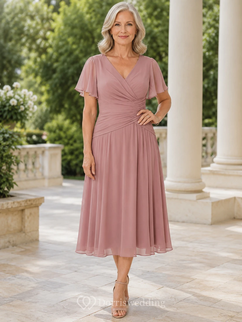 Dusty Rose Mature Woman V Neck Flutter Sleeve Chiffon Tea Length A Line Dress