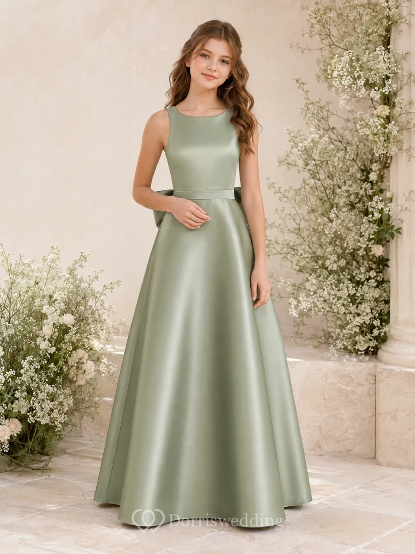 Vestido de dama de honor juvenil color celadón, corte en A, sin mangas, con detalle de lazo de satén elegante.