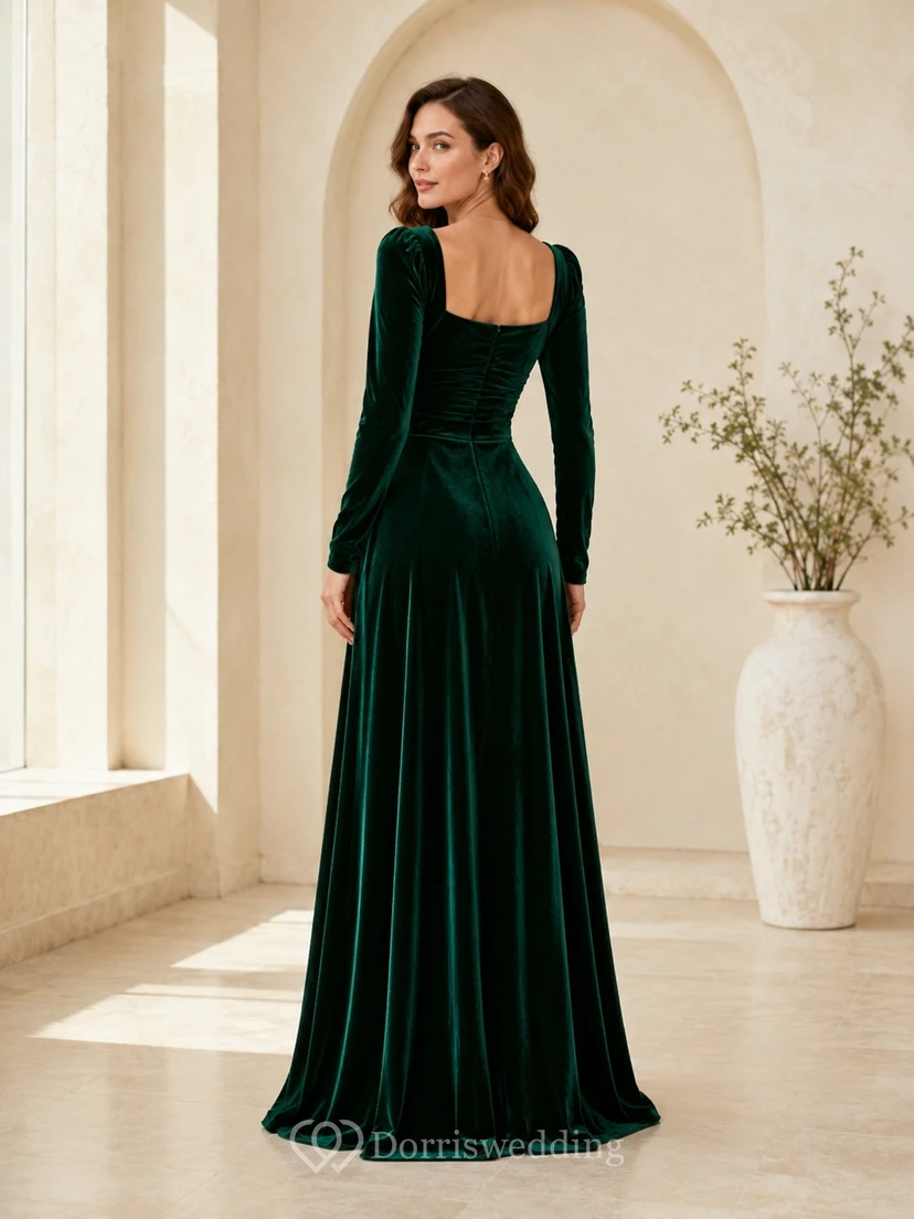 Dark Green Velvet Square Neck Long Sleeve A-Line Floor-length Luxury Elegant Formal Evening Dress view 2