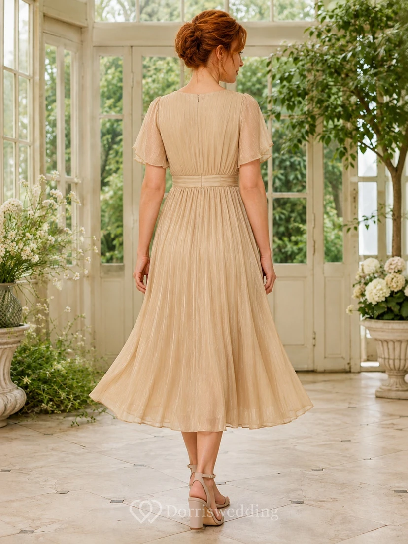 Champagne Chiffon V-Neck Flutter Sleeve A-Line Tea Length Guest Dress view 2