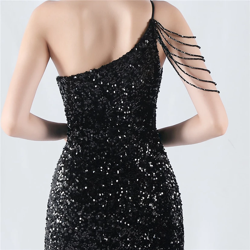 Vestido de noche asimétrico con tirantes, lentejuelas, lentejuelas y bajo de terciopelo degradado de alta densidad view 37