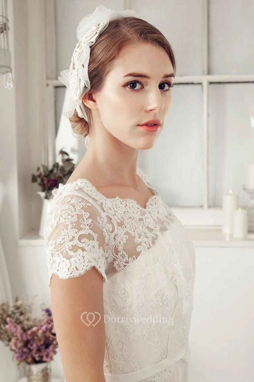 Sheath Cap-Sleeve Scoop-Neck Chiffon Wedding Dress With Lace And Illusion view 4