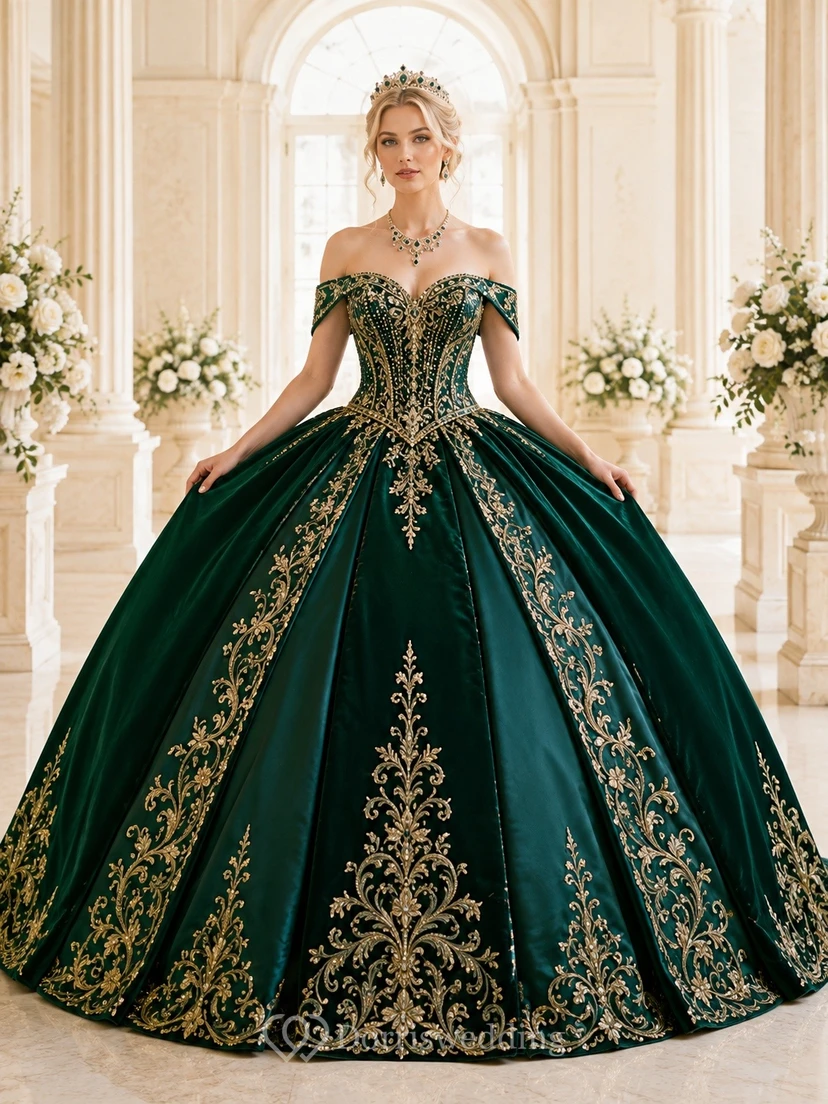 Robe de bal de quinceañera vert foncé à épaules dénudées avec broderies dorées