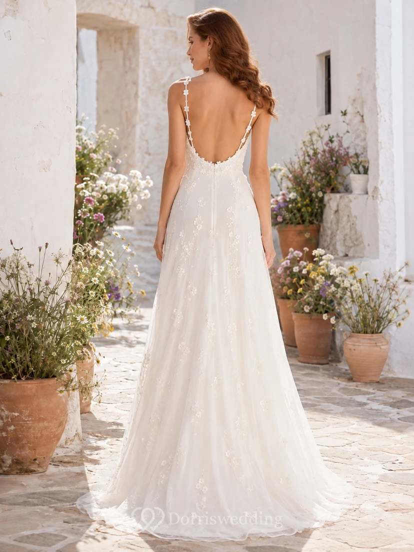 Romantic White Floral Lace Straps Sleeveless Tulle A-Line Sweep Train Dress view 2