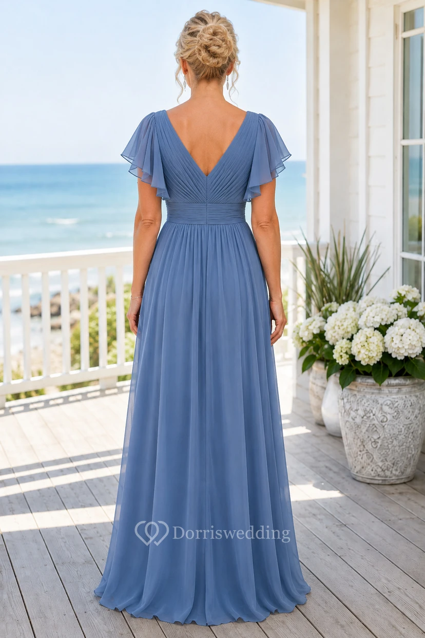 MOB-Kleid, stahlblau, Chiffon, A-Linie, kurze Ärmel, V-Ausschnitt, bodenlang, plissiert view 2