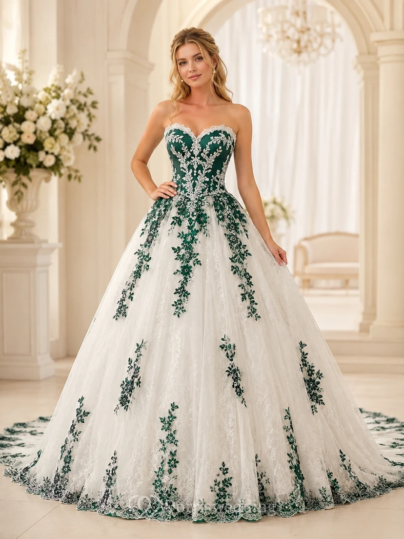 Emerald Floral Bridal Ball Gown Strapless Sleeveless Cathedral Train Romantic Elegant Gown