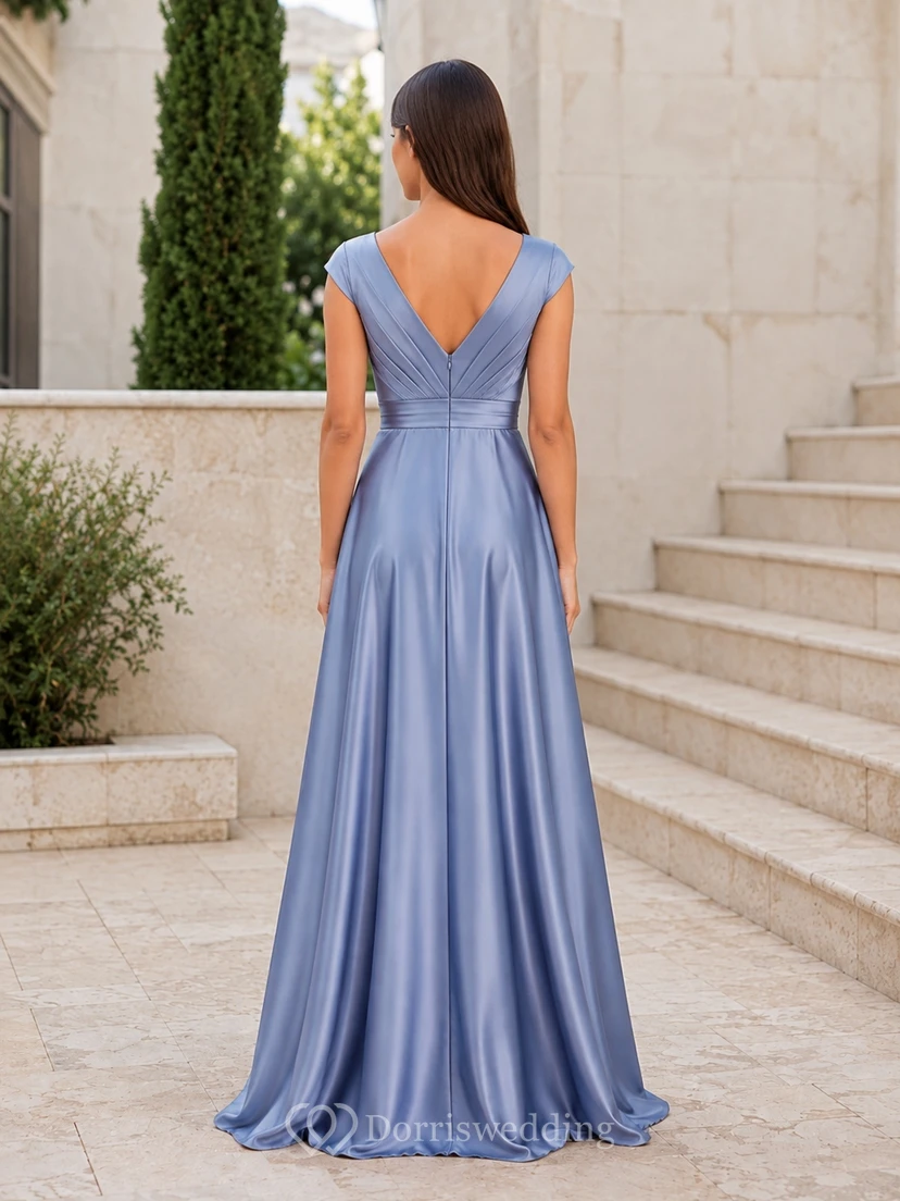 Vestido de dama de honor juvenil azul pizarra, corte en A, escote en V, sin mangas, satén de lujo. view 2