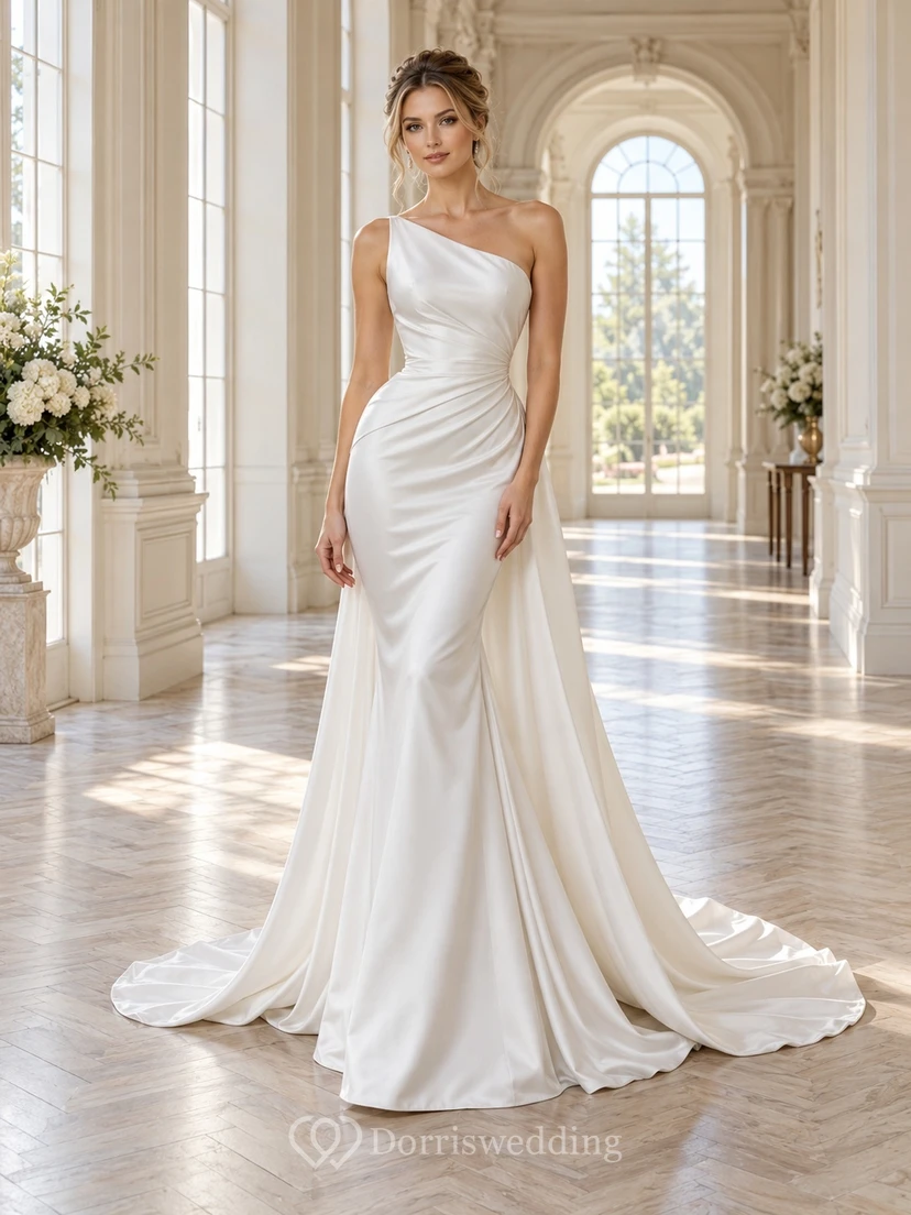 One Shoulder Ruched Satin Narrow Mermaid Flowing Train Bridal Reception Gown